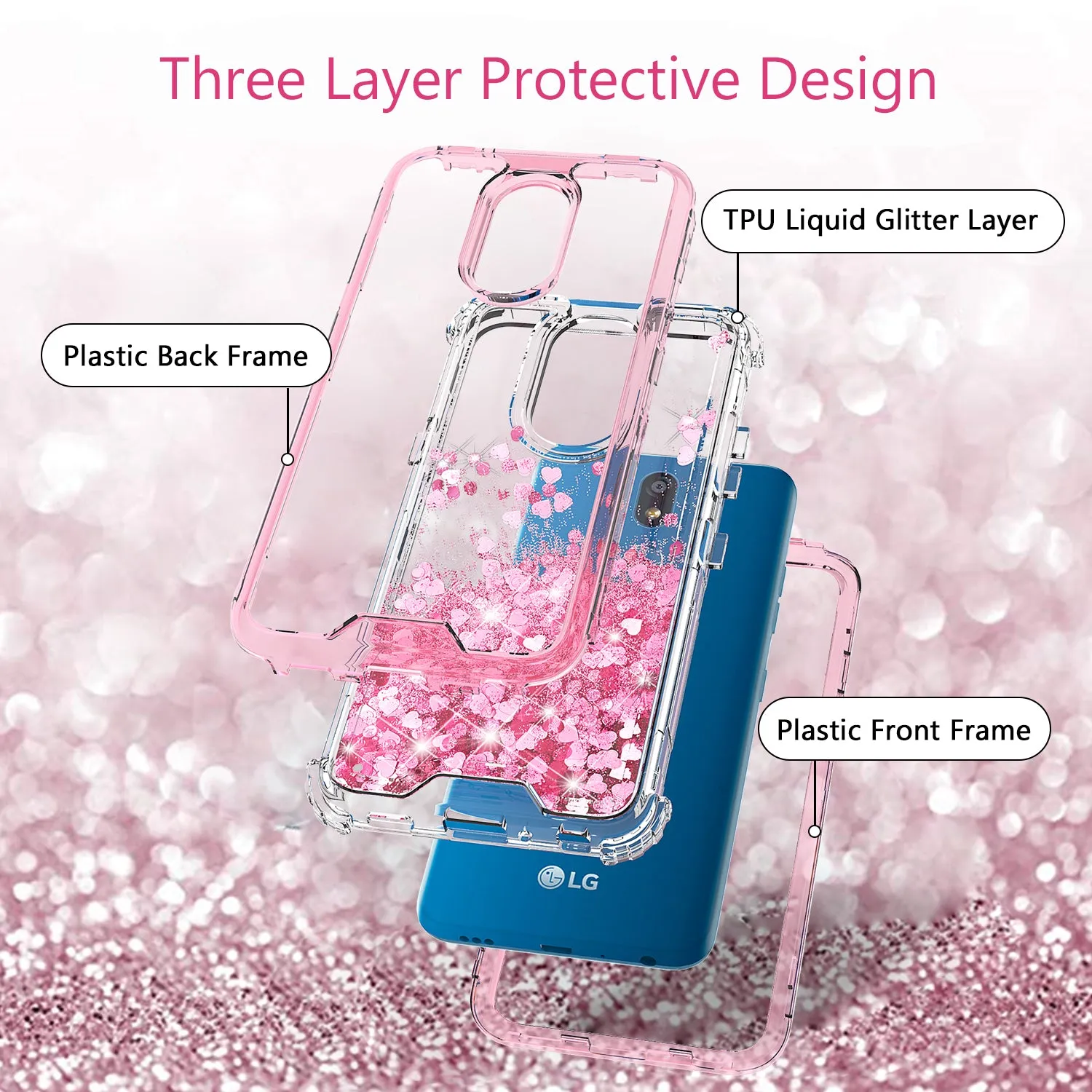 LG K40/Xpression Plus 2/K12 Plus/X4 2019/Harmony 3/LG Solo Case,Hard Clear Glitter Sparkle Flowing Liquid Heavy Duty Shockproof Three Layer Protective Bling Girls Women Cover - Pink