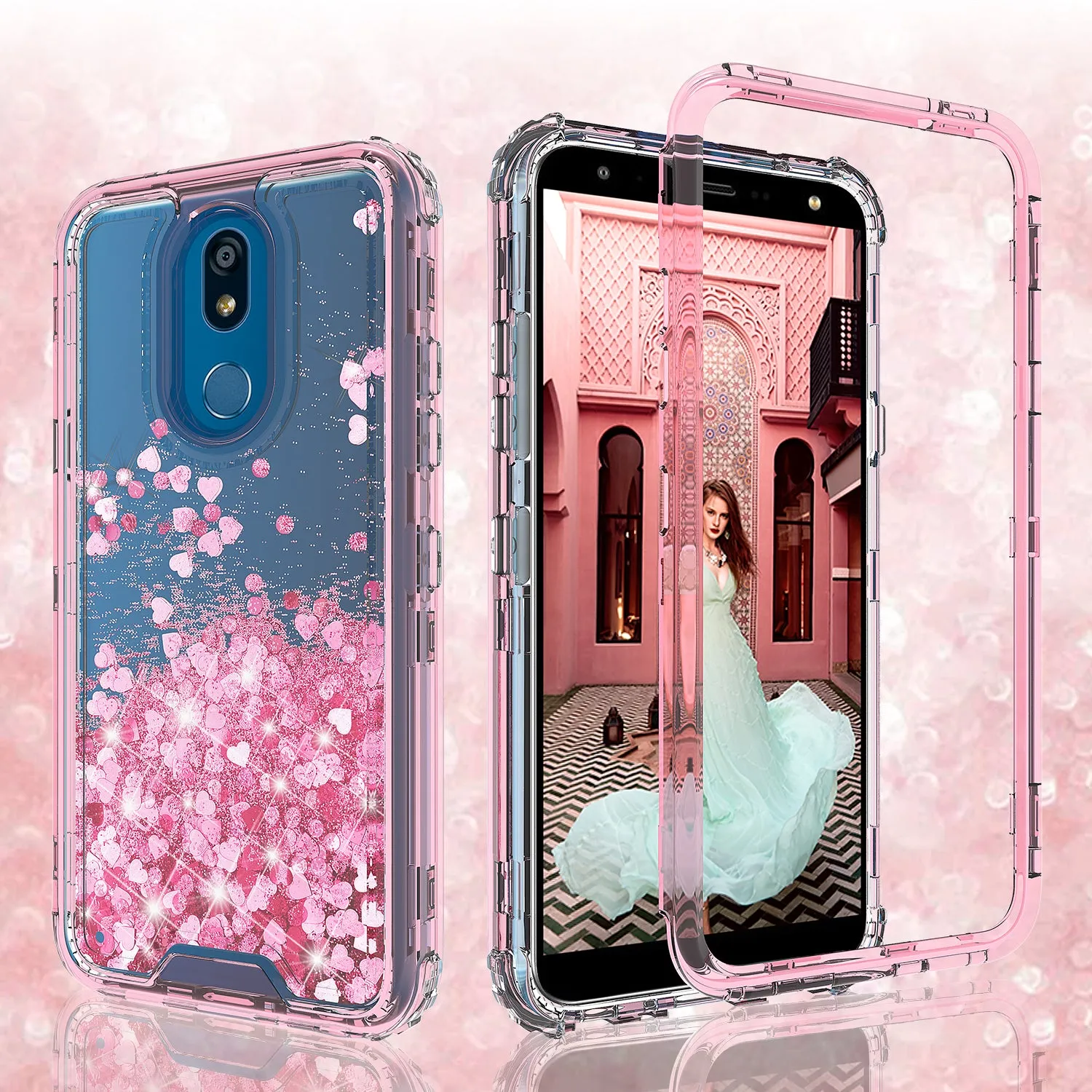 LG K40/Xpression Plus 2/K12 Plus/X4 2019/Harmony 3/LG Solo Case,Hard Clear Glitter Sparkle Flowing Liquid Heavy Duty Shockproof Three Layer Protective Bling Girls Women Cover - Pink