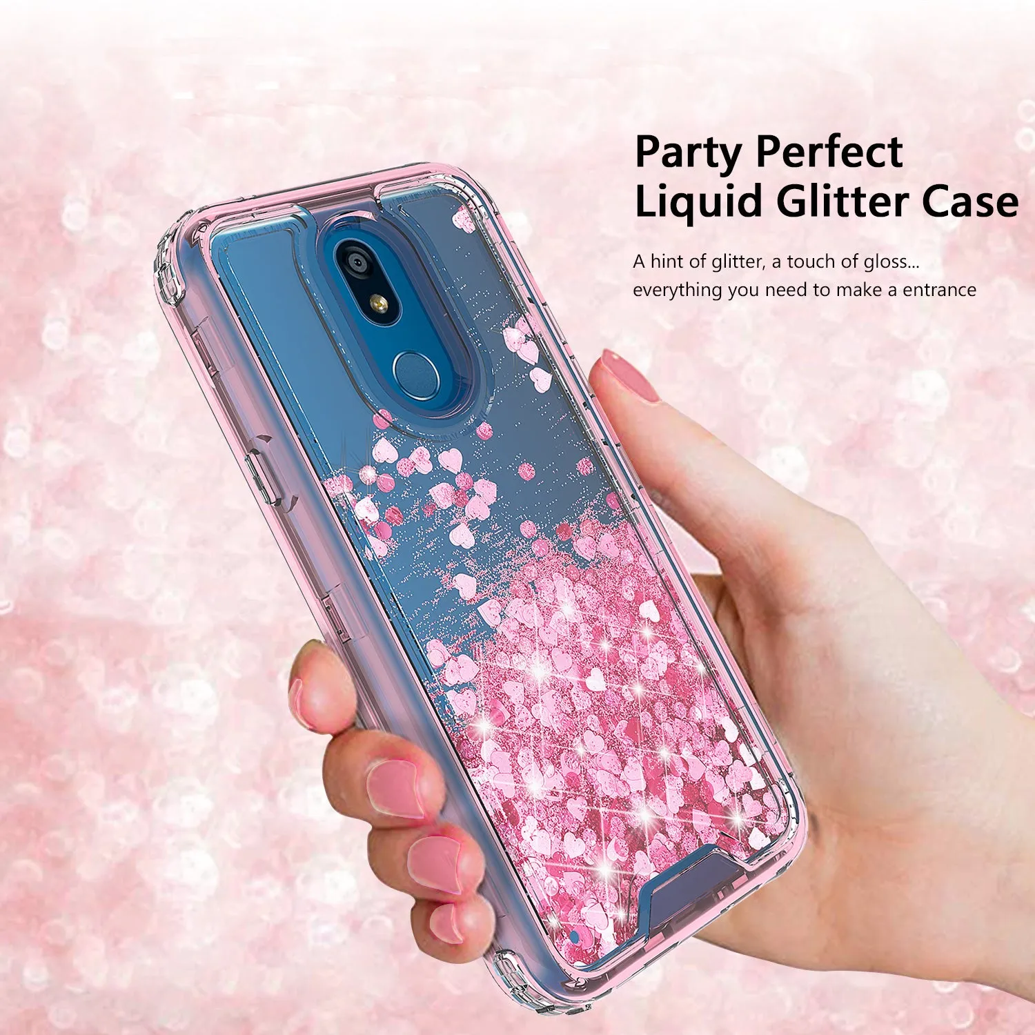 LG K40/Xpression Plus 2/K12 Plus/X4 2019/Harmony 3/LG Solo Case,Hard Clear Glitter Sparkle Flowing Liquid Heavy Duty Shockproof Three Layer Protective Bling Girls Women Cover - Pink