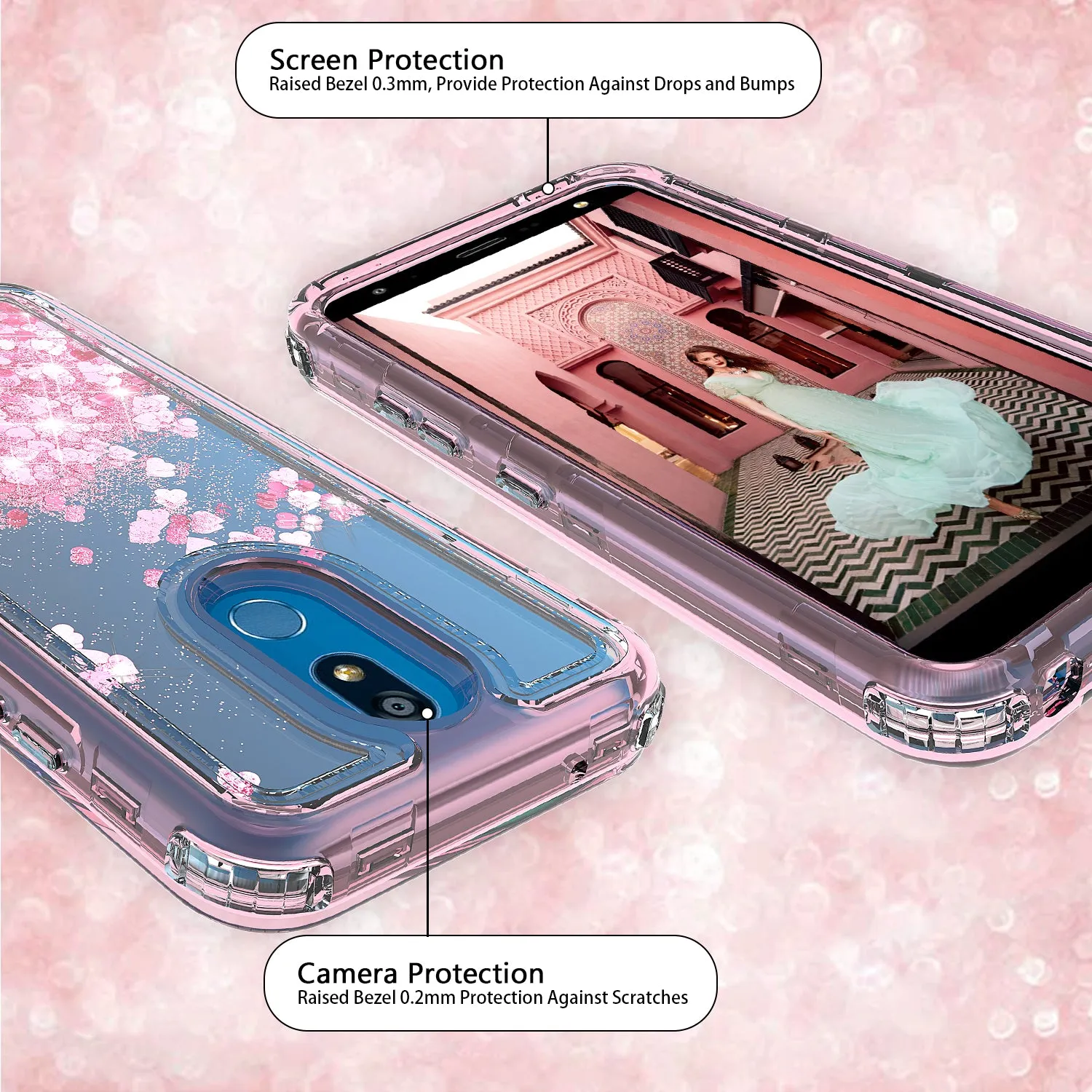 LG K40/Xpression Plus 2/K12 Plus/X4 2019/Harmony 3/LG Solo Case,Hard Clear Glitter Sparkle Flowing Liquid Heavy Duty Shockproof Three Layer Protective Bling Girls Women Cover - Pink