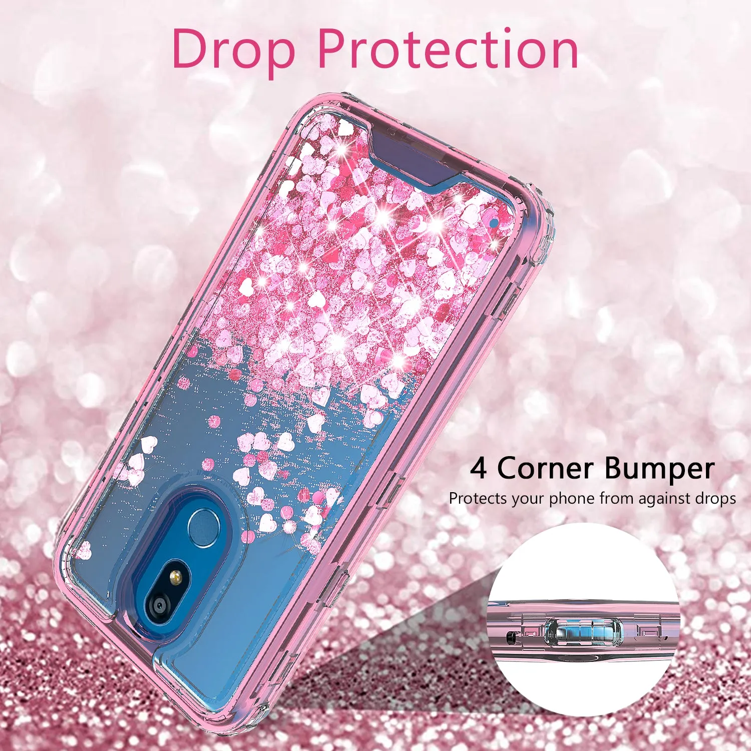 LG K40/Xpression Plus 2/K12 Plus/X4 2019/Harmony 3/LG Solo Case,Hard Clear Glitter Sparkle Flowing Liquid Heavy Duty Shockproof Three Layer Protective Bling Girls Women Cover - Pink