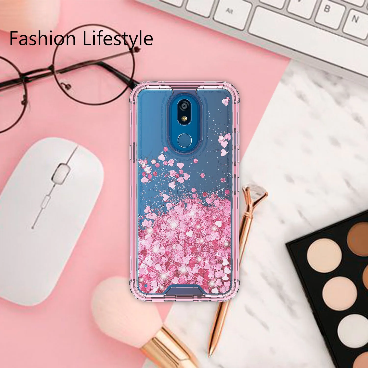 LG K40/Xpression Plus 2/K12 Plus/X4 2019/Harmony 3/LG Solo Case,Hard Clear Glitter Sparkle Flowing Liquid Heavy Duty Shockproof Three Layer Protective Bling Girls Women Cover - Pink