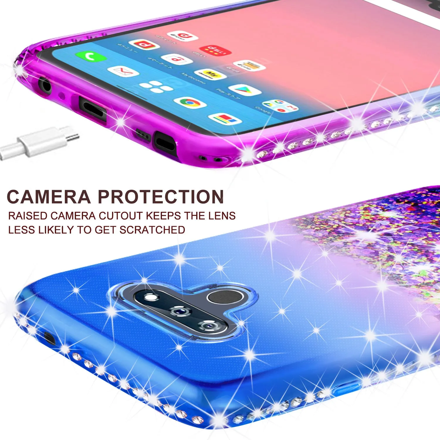 LG K51 Case Liquid Glitter Phone Case Waterfall Floating Quicksand Bling Sparkle Cute Protective Girls Women Cover for LG K51 W/Temper Glass- (Blue/Purple Gradient)
