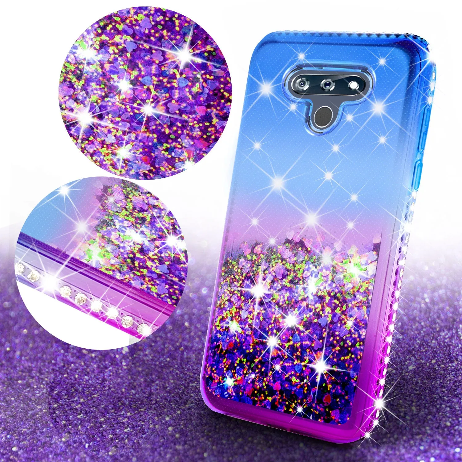 LG K51 Case Liquid Glitter Phone Case Waterfall Floating Quicksand Bling Sparkle Cute Protective Girls Women Cover for LG K51 W/Temper Glass- (Blue/Purple Gradient)