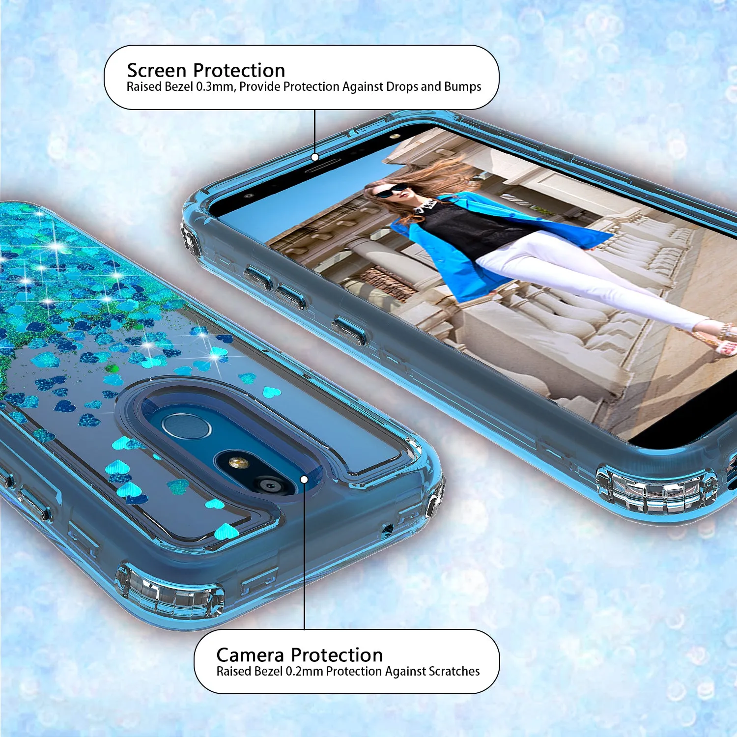 LG Prime 2/Aristo 4 /Aristo 4 Plus Case,Hard Clear Glitter Sparkle Flowing Liquid Heavy Duty Shockproof Three Layer Protective Bling Girls Women Cases for LG Prime 2/Aristo 4 /Aristo 4 Plus - Teal