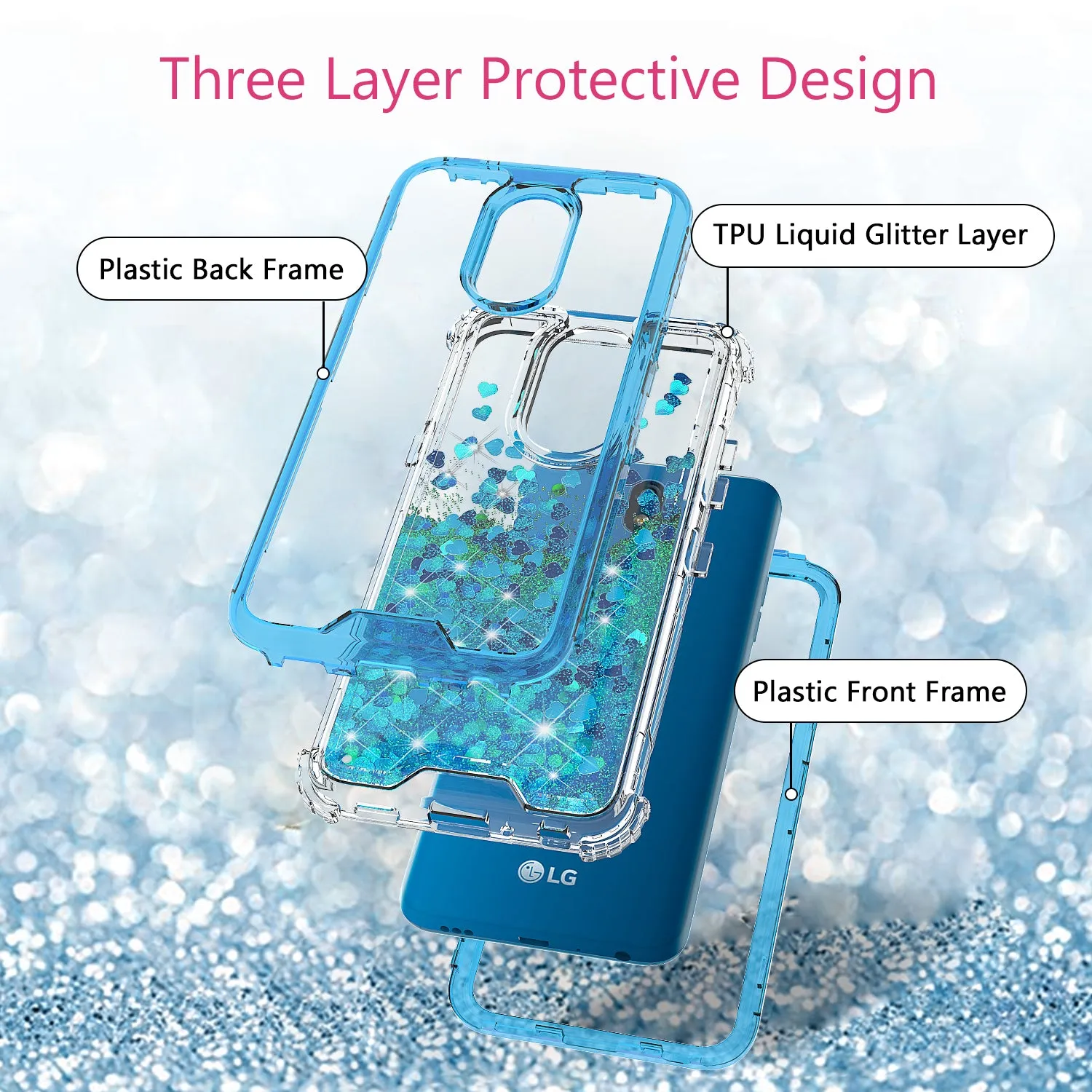 LG Prime 2/Aristo 4 /Aristo 4 Plus Case,Hard Clear Glitter Sparkle Flowing Liquid Heavy Duty Shockproof Three Layer Protective Bling Girls Women Cases for LG Prime 2/Aristo 4 /Aristo 4 Plus - Teal