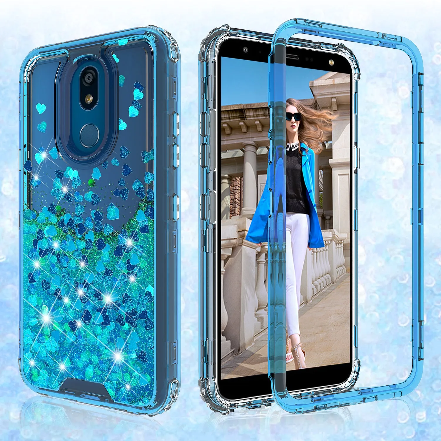 LG Prime 2/Aristo 4 /Aristo 4 Plus Case,Hard Clear Glitter Sparkle Flowing Liquid Heavy Duty Shockproof Three Layer Protective Bling Girls Women Cases for LG Prime 2/Aristo 4 /Aristo 4 Plus - Teal