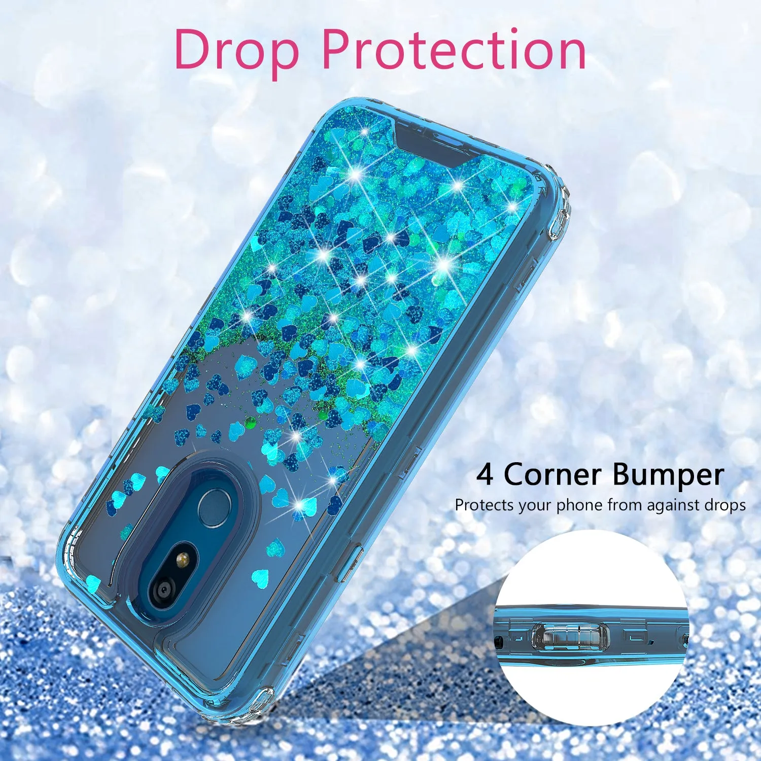 LG Prime 2/Aristo 4 /Aristo 4 Plus Case,Hard Clear Glitter Sparkle Flowing Liquid Heavy Duty Shockproof Three Layer Protective Bling Girls Women Cases for LG Prime 2/Aristo 4 /Aristo 4 Plus - Teal
