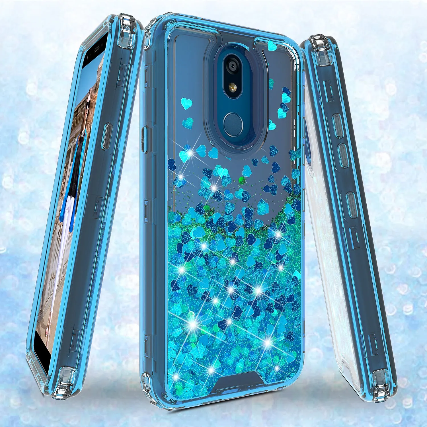 LG Prime 2/Aristo 4 /Aristo 4 Plus Case,Hard Clear Glitter Sparkle Flowing Liquid Heavy Duty Shockproof Three Layer Protective Bling Girls Women Cases for LG Prime 2/Aristo 4 /Aristo 4 Plus - Teal