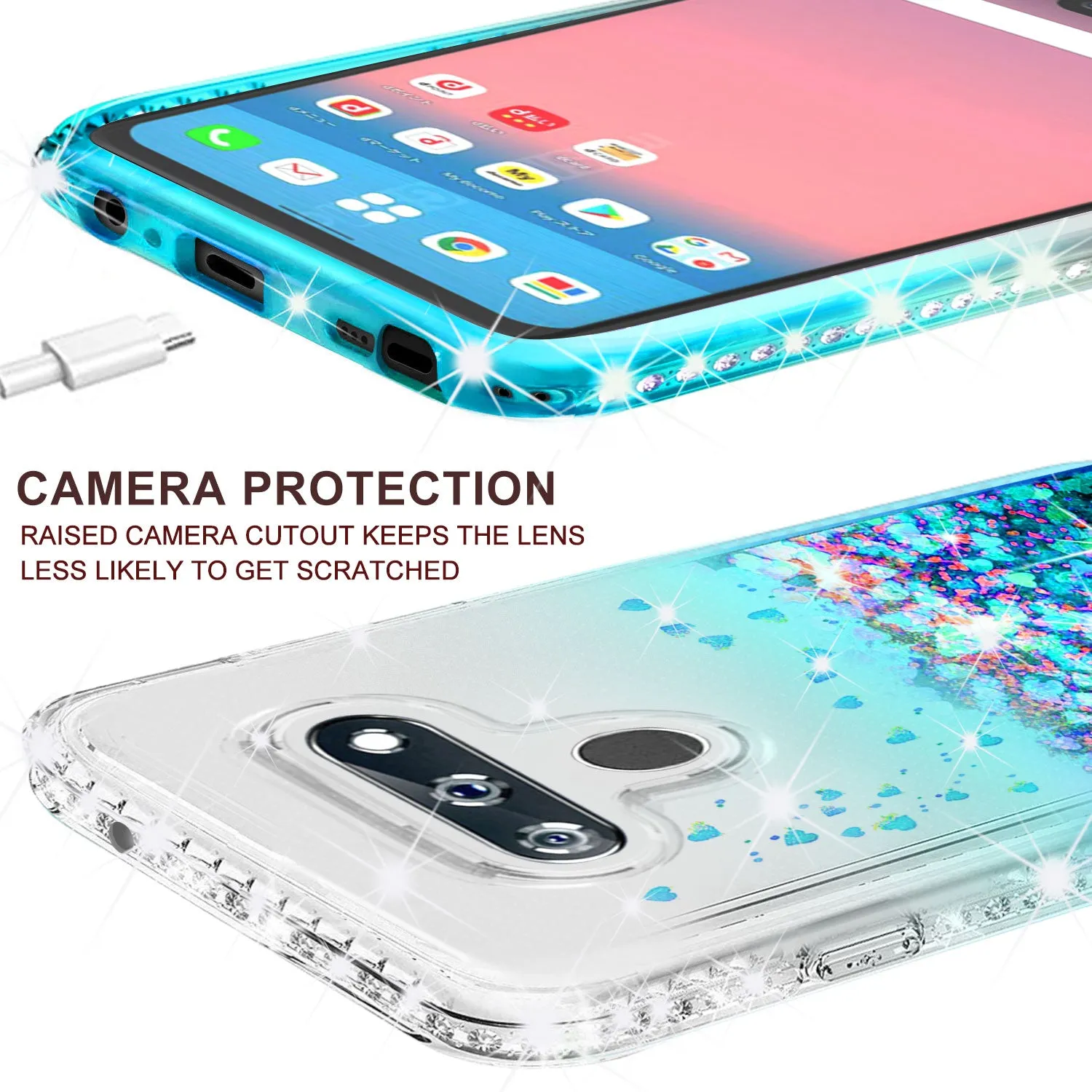 LG Stylo 6 Case Liquid Glitter Phone Case Waterfall Floating Quicksand Bling Sparkle Cute Protective Girls Women Cover for LG Stylo 6 W/Temper Glass- Teal