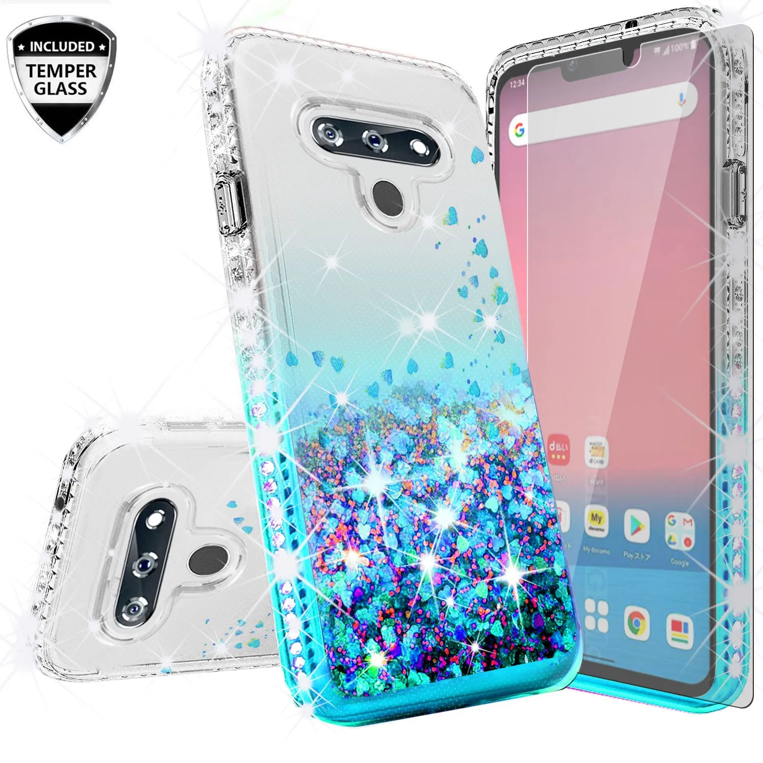 LG Stylo 6 Case Liquid Glitter Phone Case Waterfall Floating Quicksand Bling Sparkle Cute Protective Girls Women Cover for LG Stylo 6 W/Temper Glass- Teal