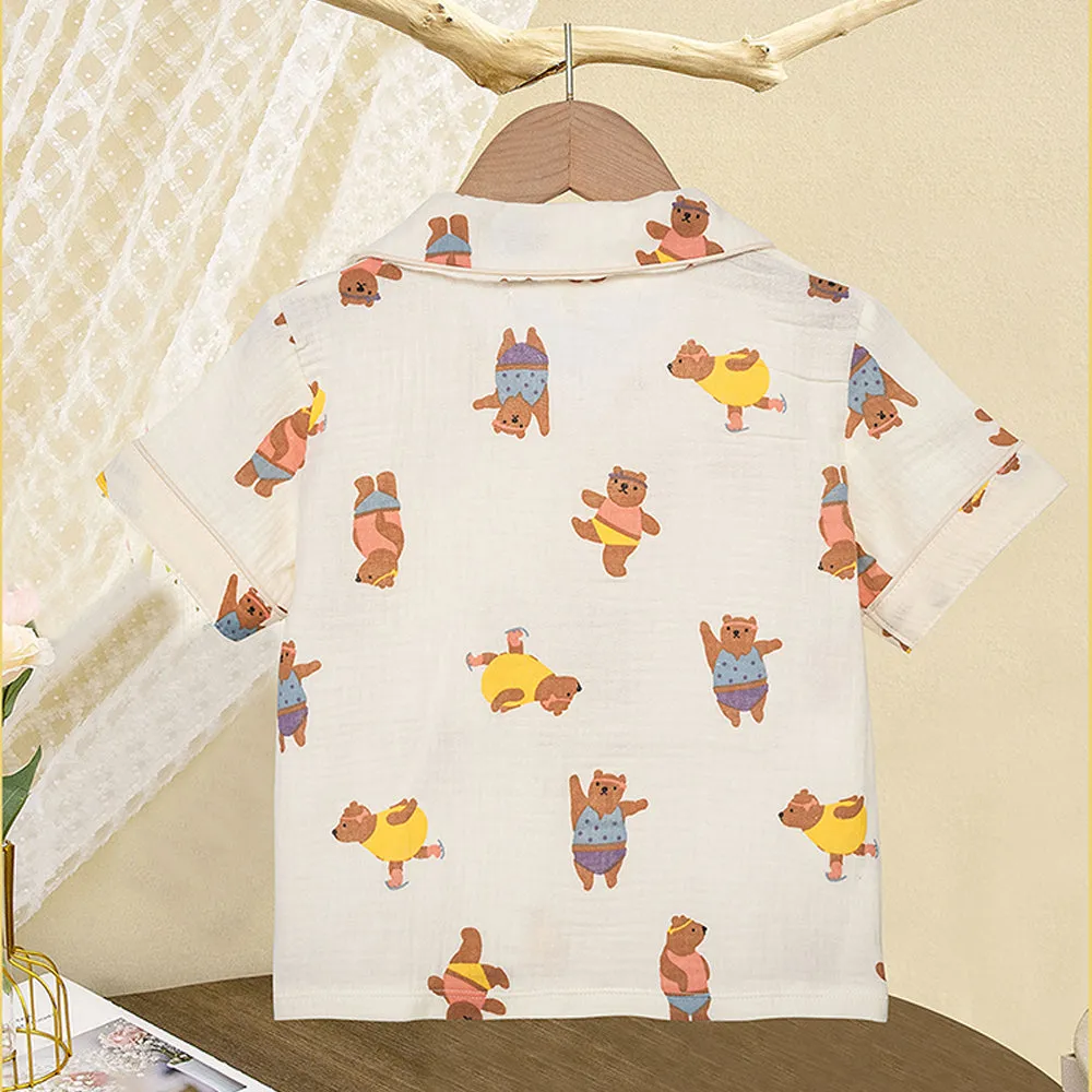 Little Surprise Box Dancing Bear Print Soft Mulsin Organic Cotton Kids Nightsuit