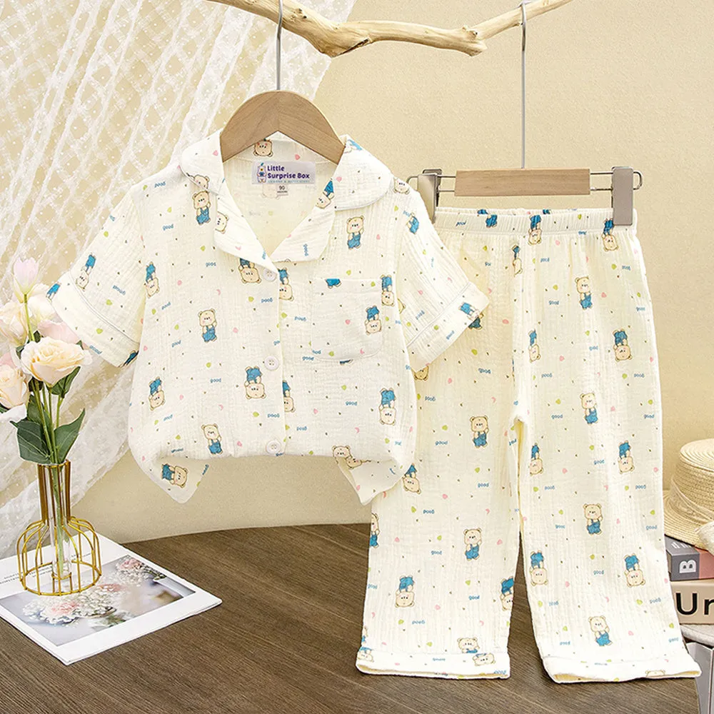 Little Surprise Box Happy Blue Bear Soft Mulsin Organic Cotton Kids Nightsuit