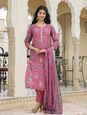 Maroon Floral Printed Modal Silk Suit Set (Set Of 3)