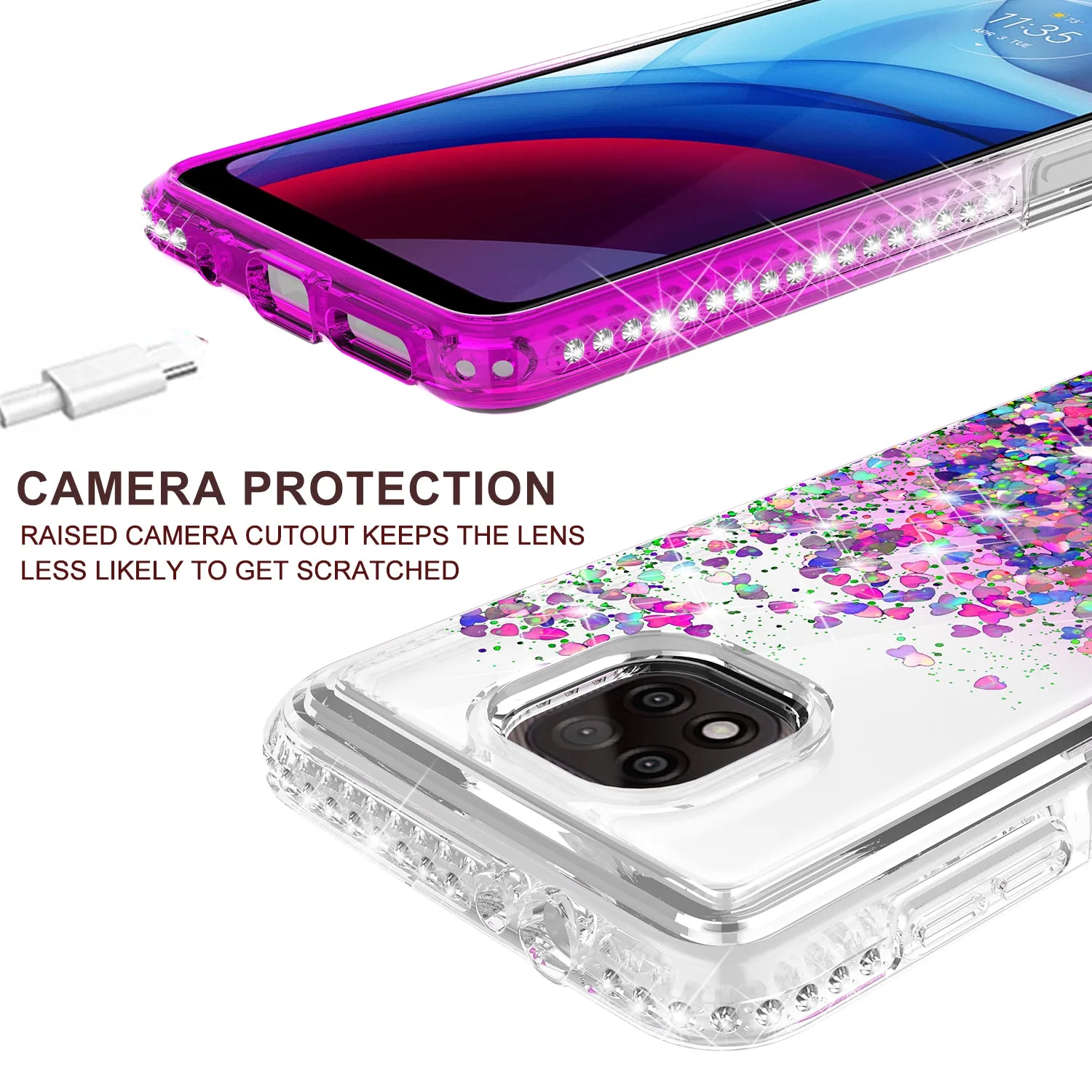 Motorola moto g power 2021 Case Liquid Glitter Phone Case Waterfall Floating Quicksand Bling Sparkle Cute Protective Girls Women Cover for Motorola moto g power 2021 W/Temper Glass - Purple