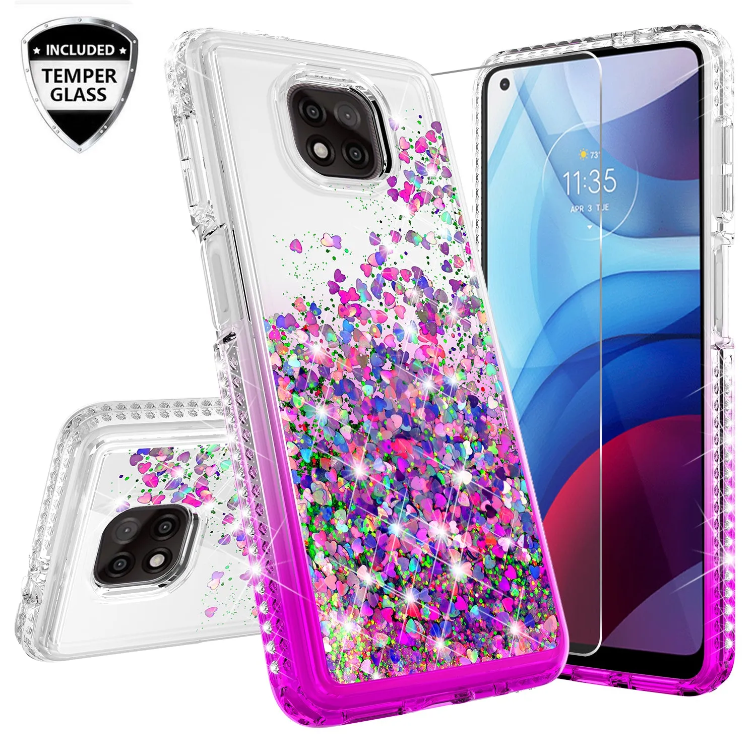 Motorola moto g power 2021 Case Liquid Glitter Phone Case Waterfall Floating Quicksand Bling Sparkle Cute Protective Girls Women Cover for Motorola moto g power 2021 W/Temper Glass - Purple