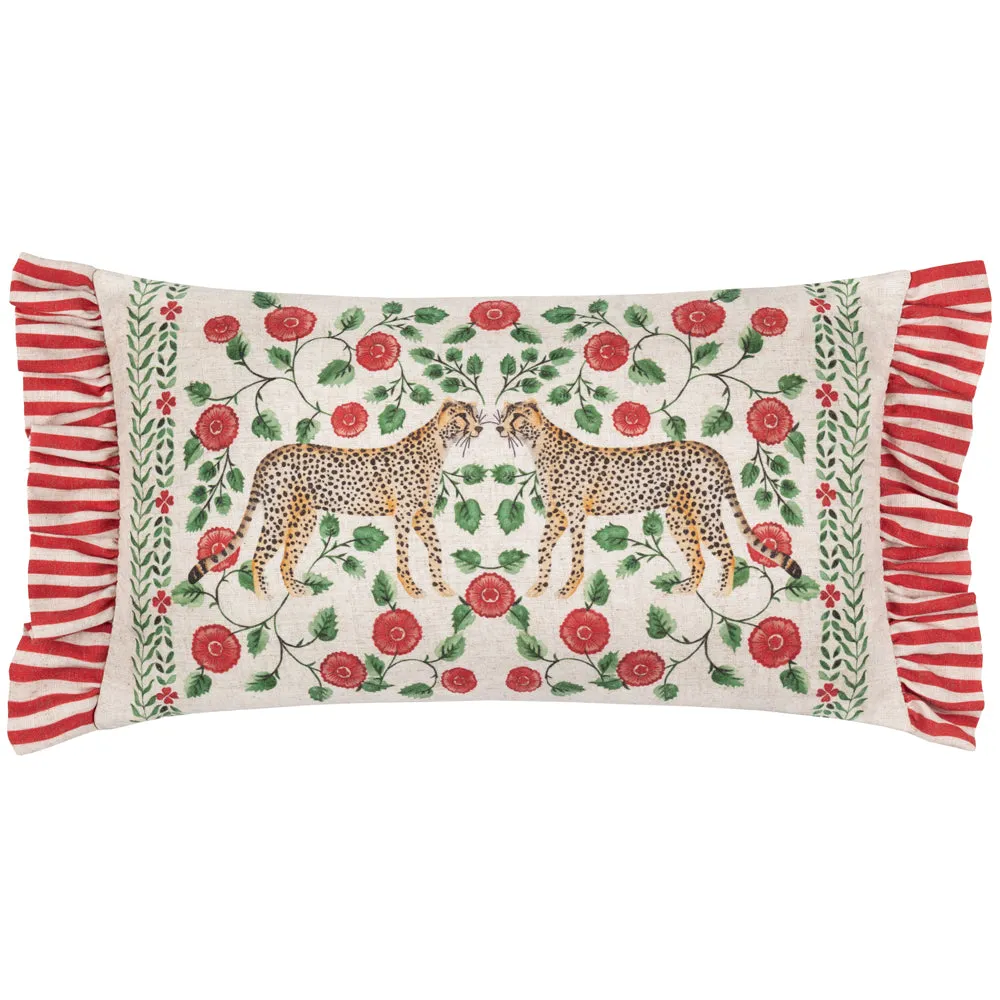 Okara Leopards Printed Ruffle Cushion Linen/Red