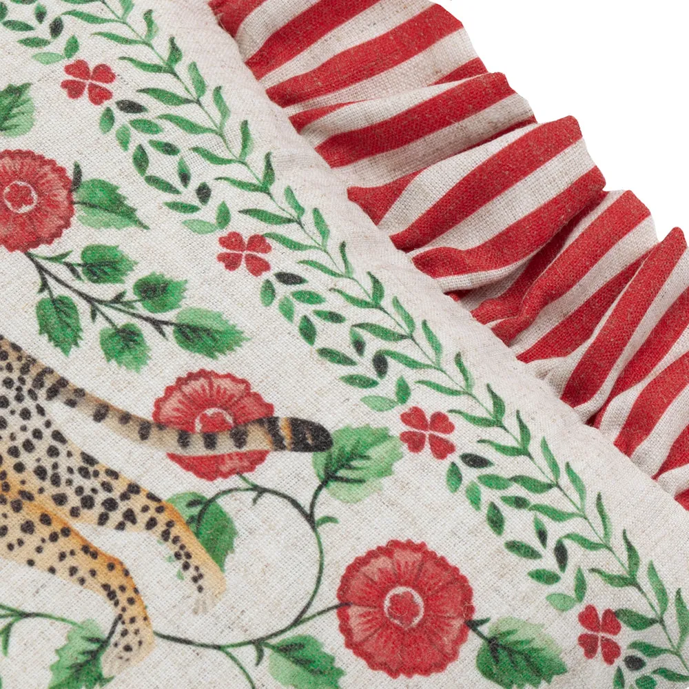 Okara Leopards Printed Ruffle Cushion Linen/Red