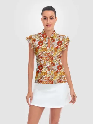 Orange Floral Quarter-zip Ruffled Short-sleeve Polo Shirt for Women