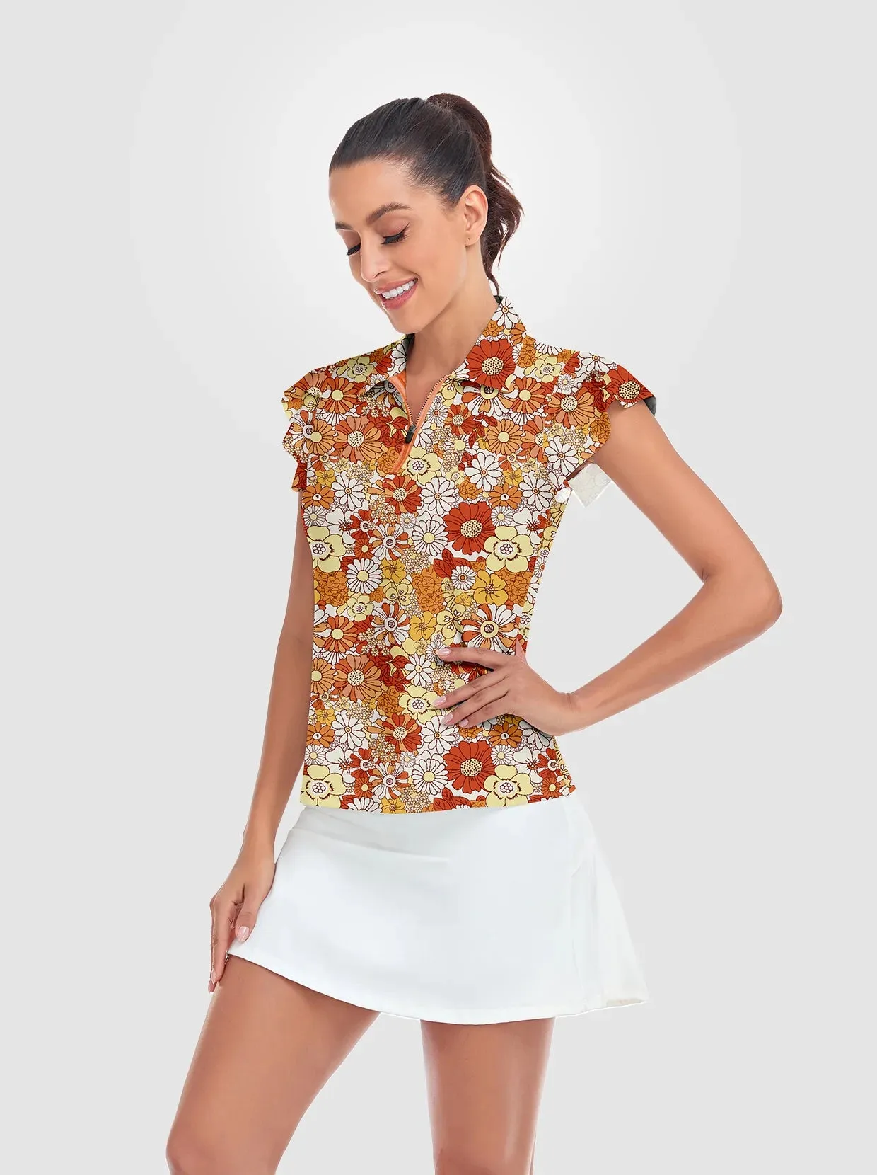 Orange Floral Quarter-zip Ruffled Short-sleeve Polo Shirt for Women