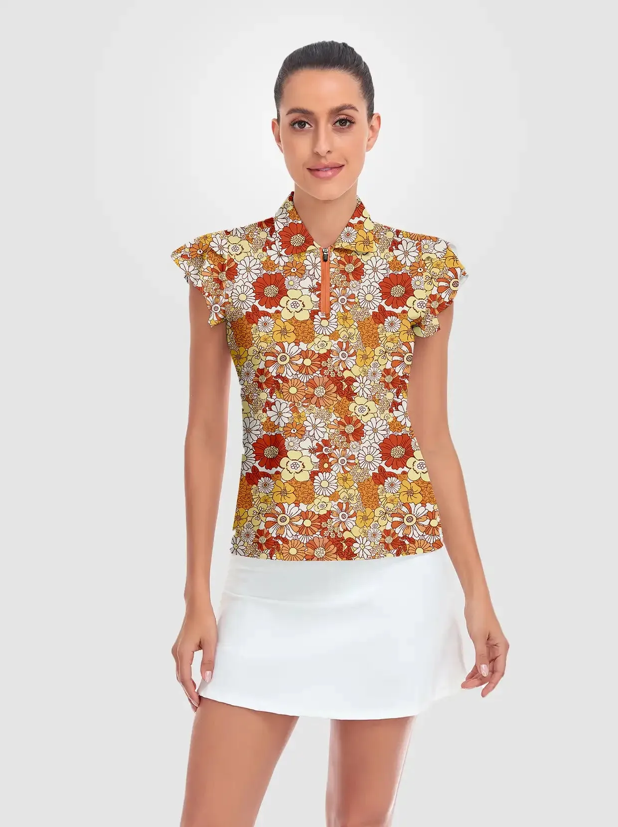 Orange Floral Quarter-zip Ruffled Short-sleeve Polo Shirt for Women