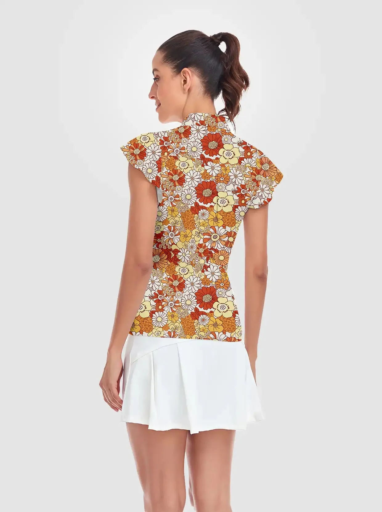 Orange Floral Quarter-zip Ruffled Short-sleeve Polo Shirt for Women