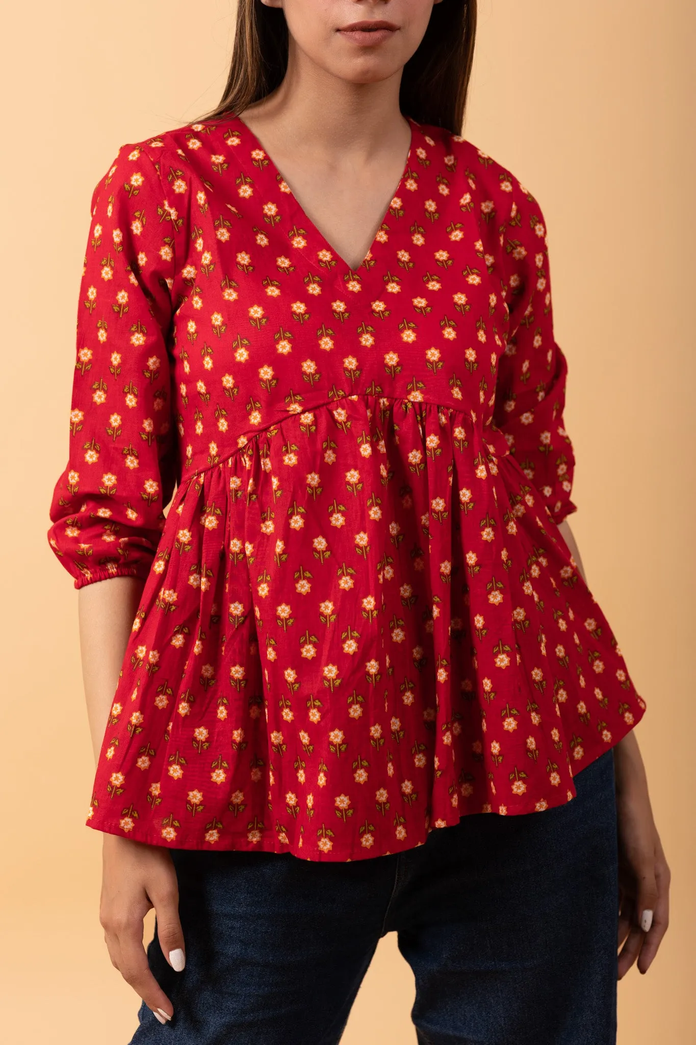 Red 100% Cotton short kurti with yellow butta