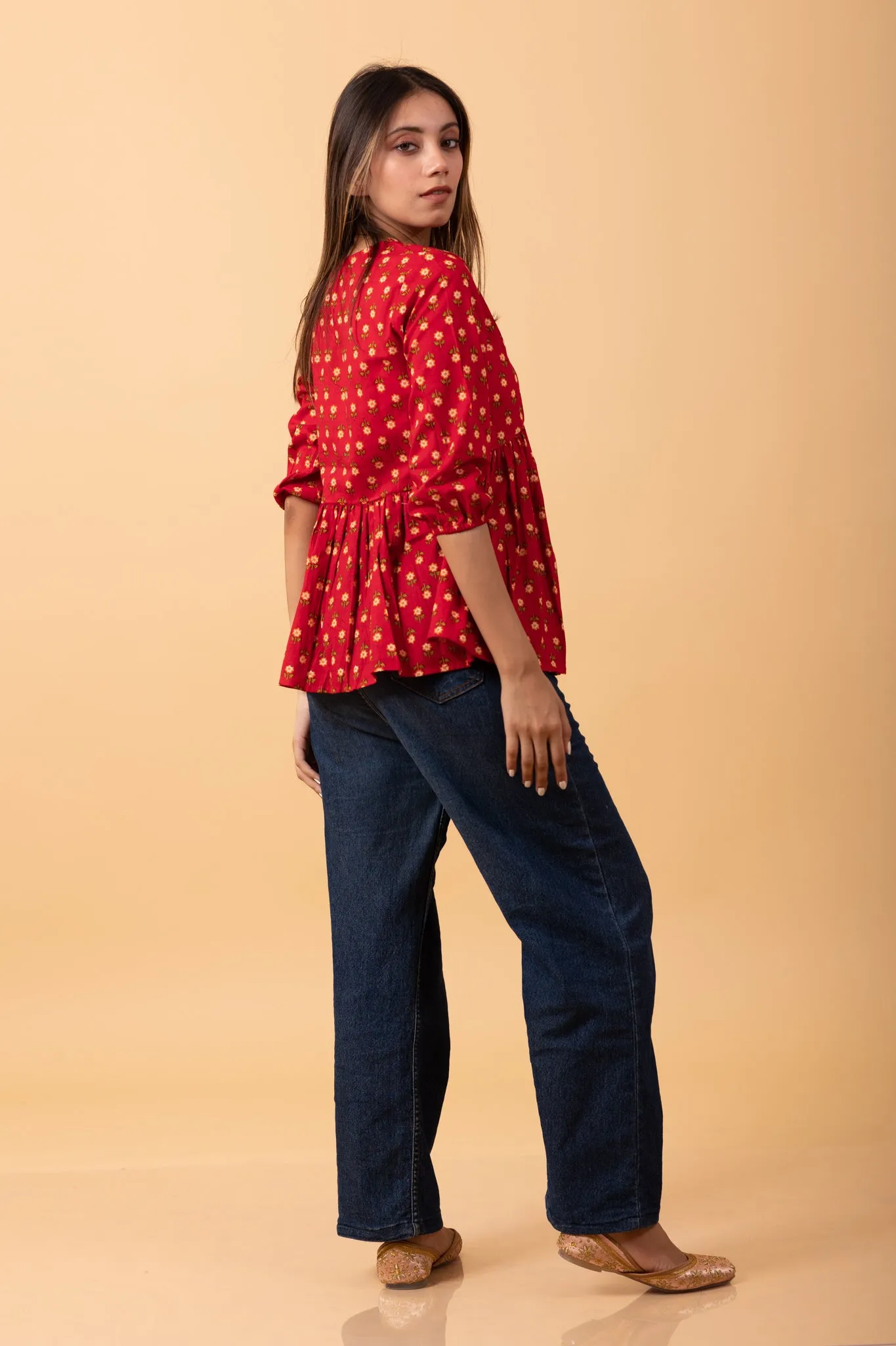 Red 100% Cotton short kurti with yellow butta