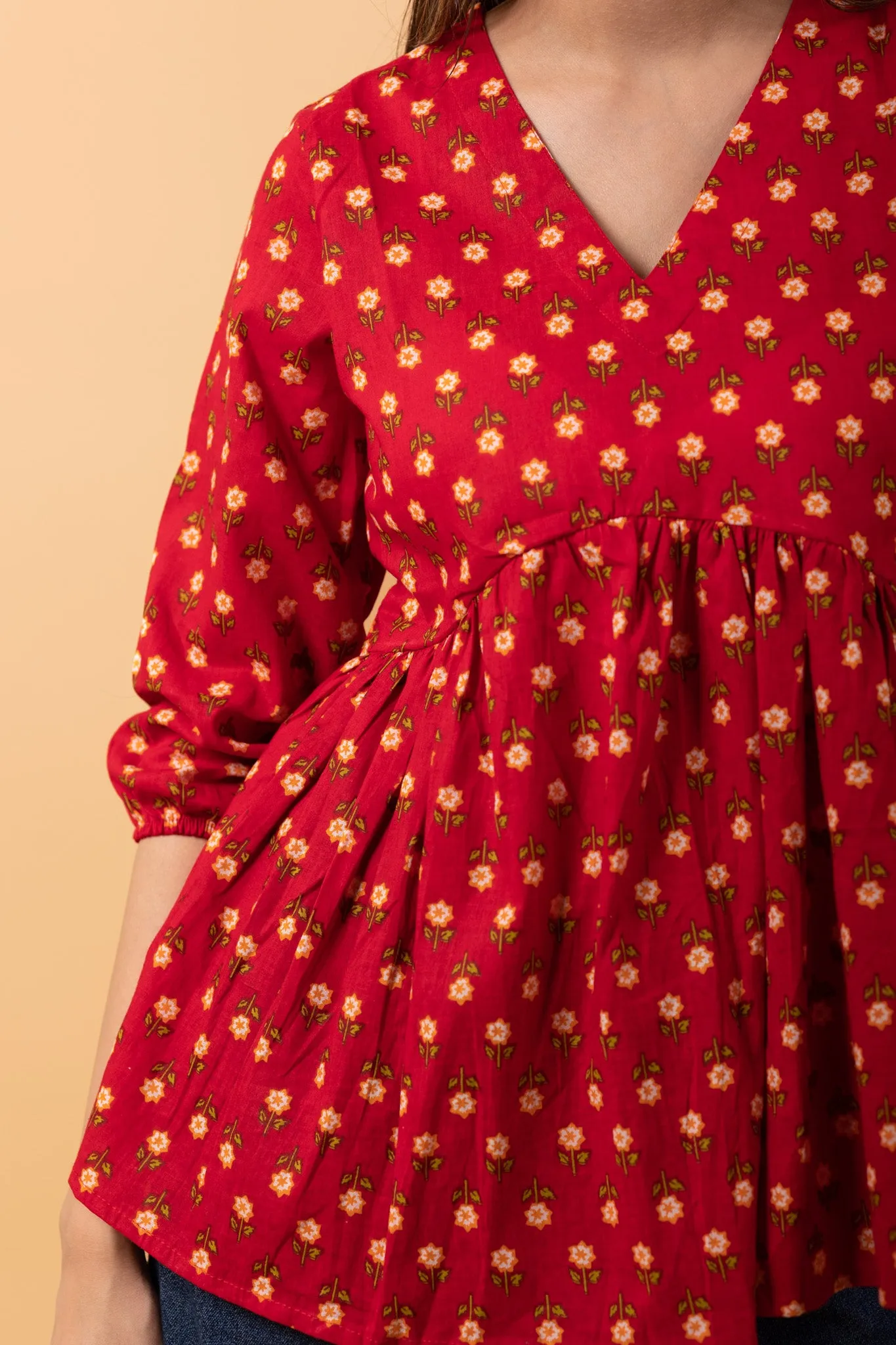Red 100% Cotton short kurti with yellow butta