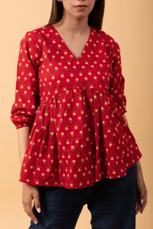 Red 100% Cotton short kurti with yellow butta