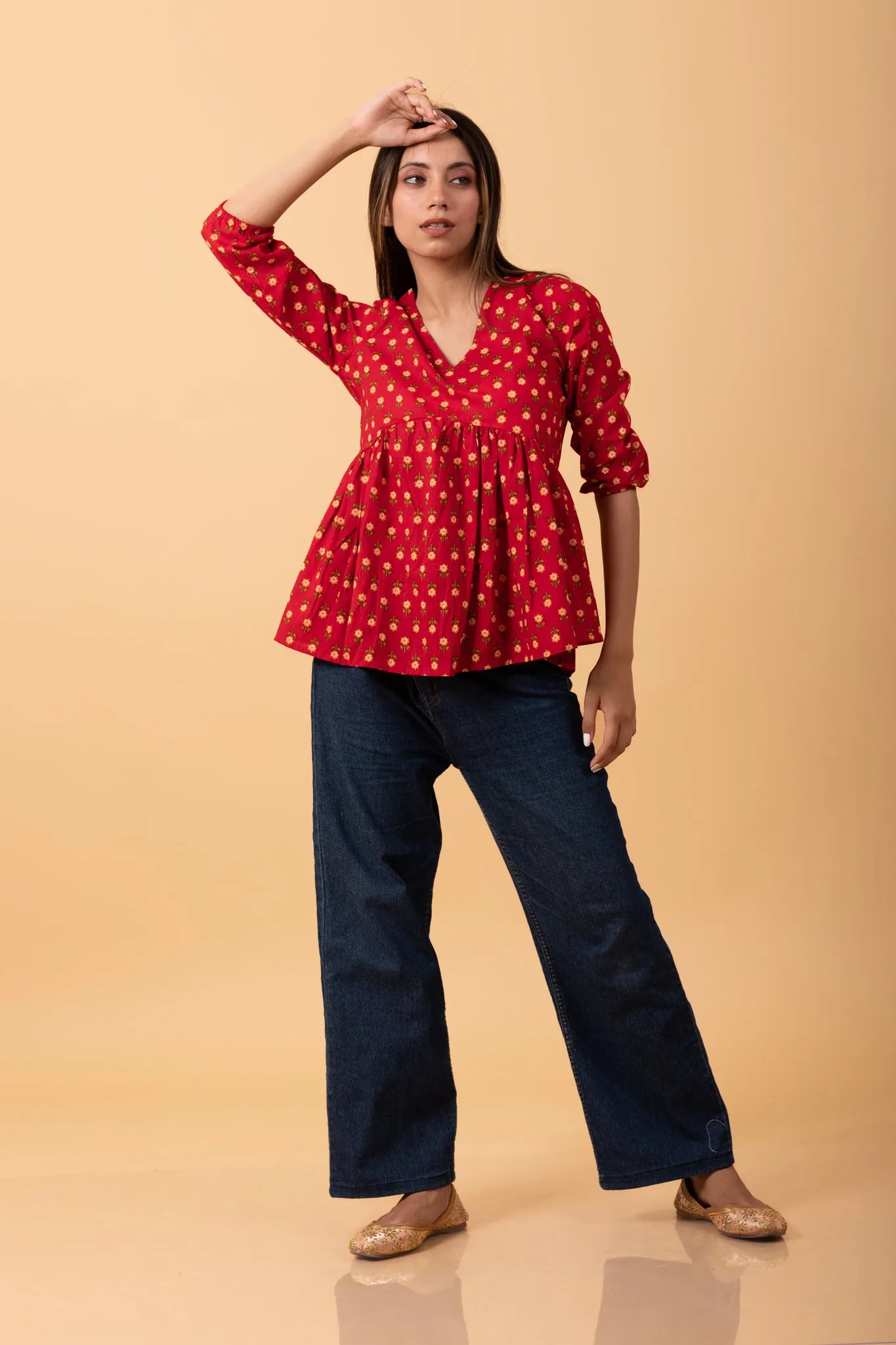 Red 100% Cotton short kurti with yellow butta