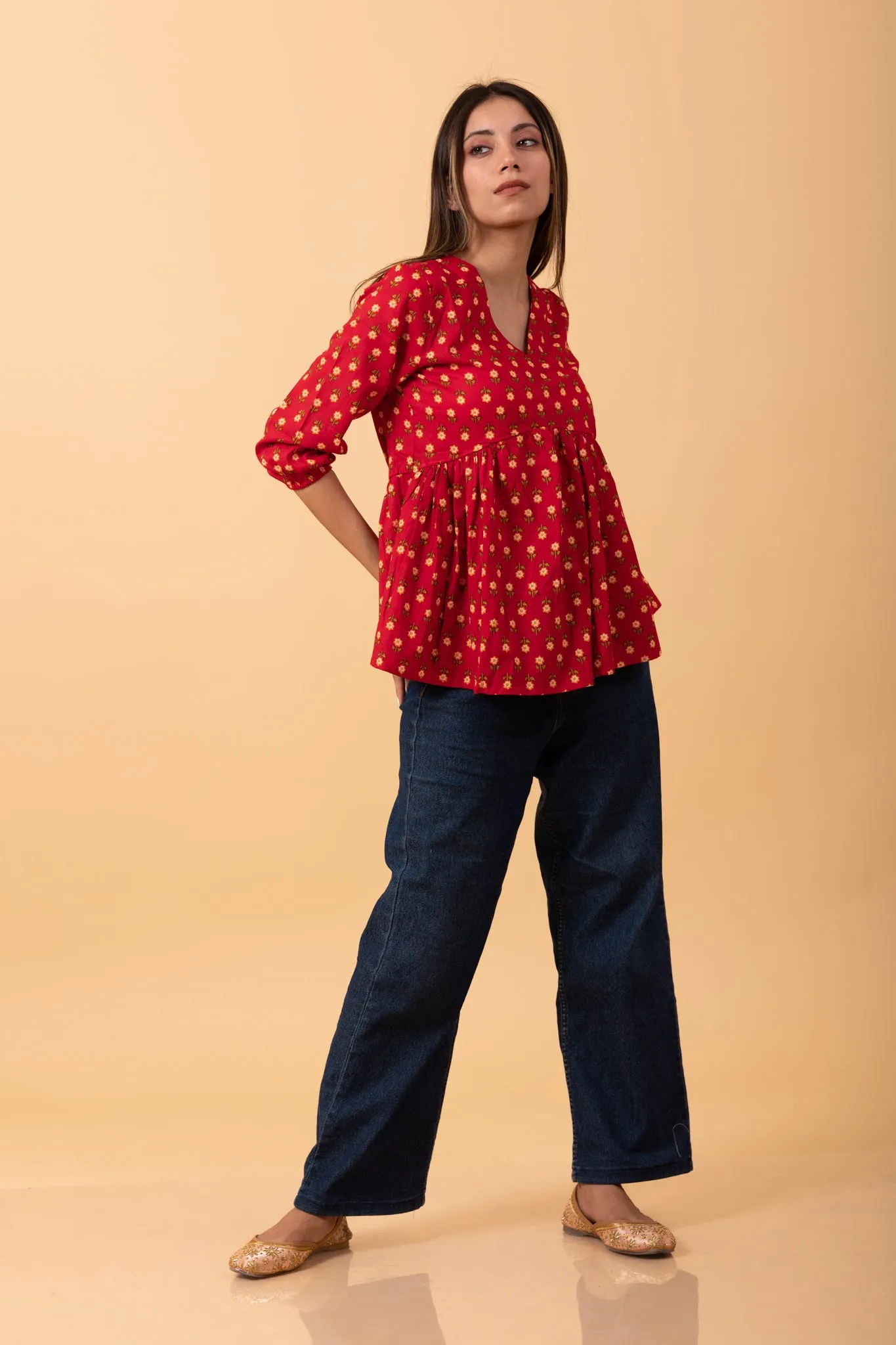 Red 100% Cotton short kurti with yellow butta