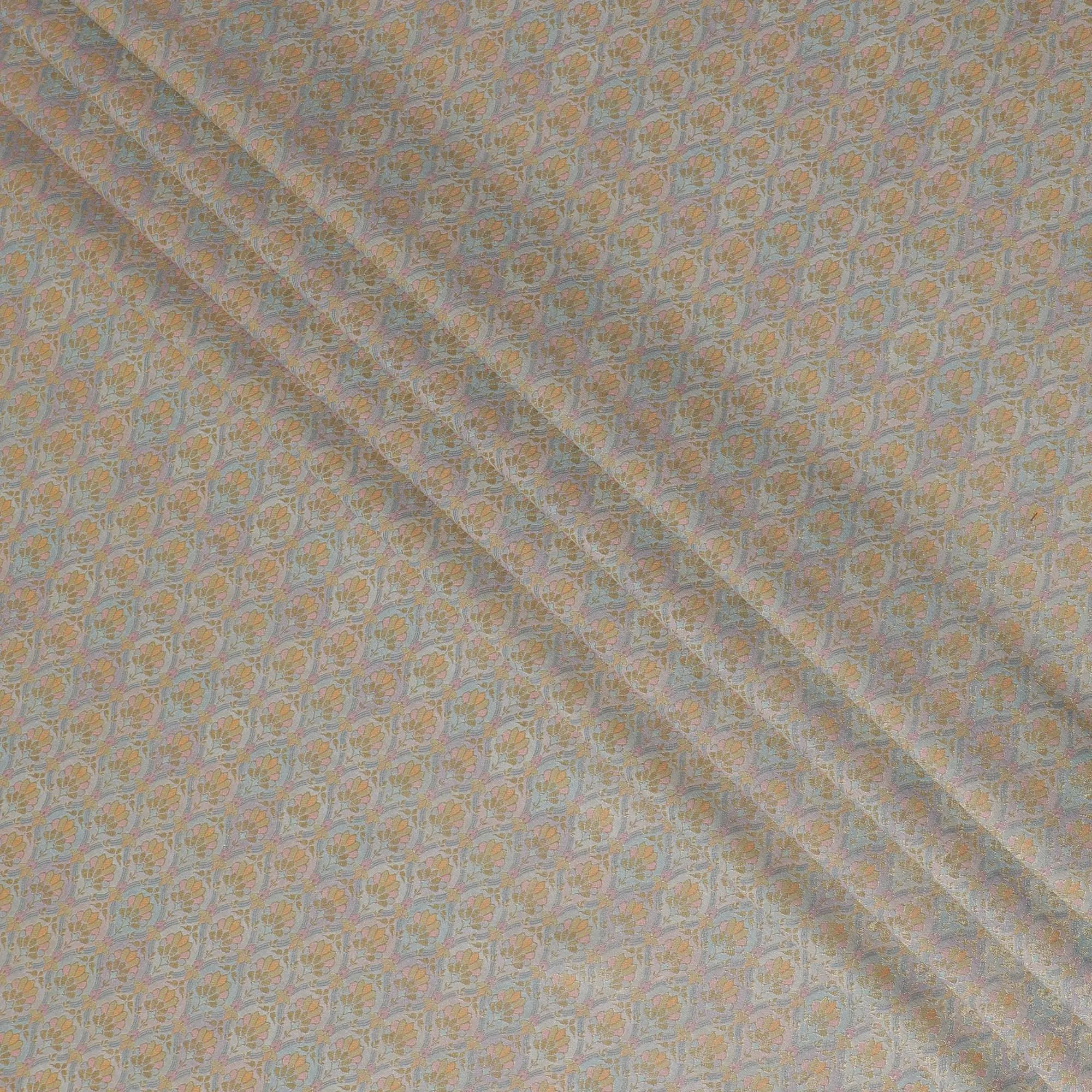 Silk Brocade Fabric with Sky Blue and Gold Floral Design, 110 cm Width, Indian Origin-D19754