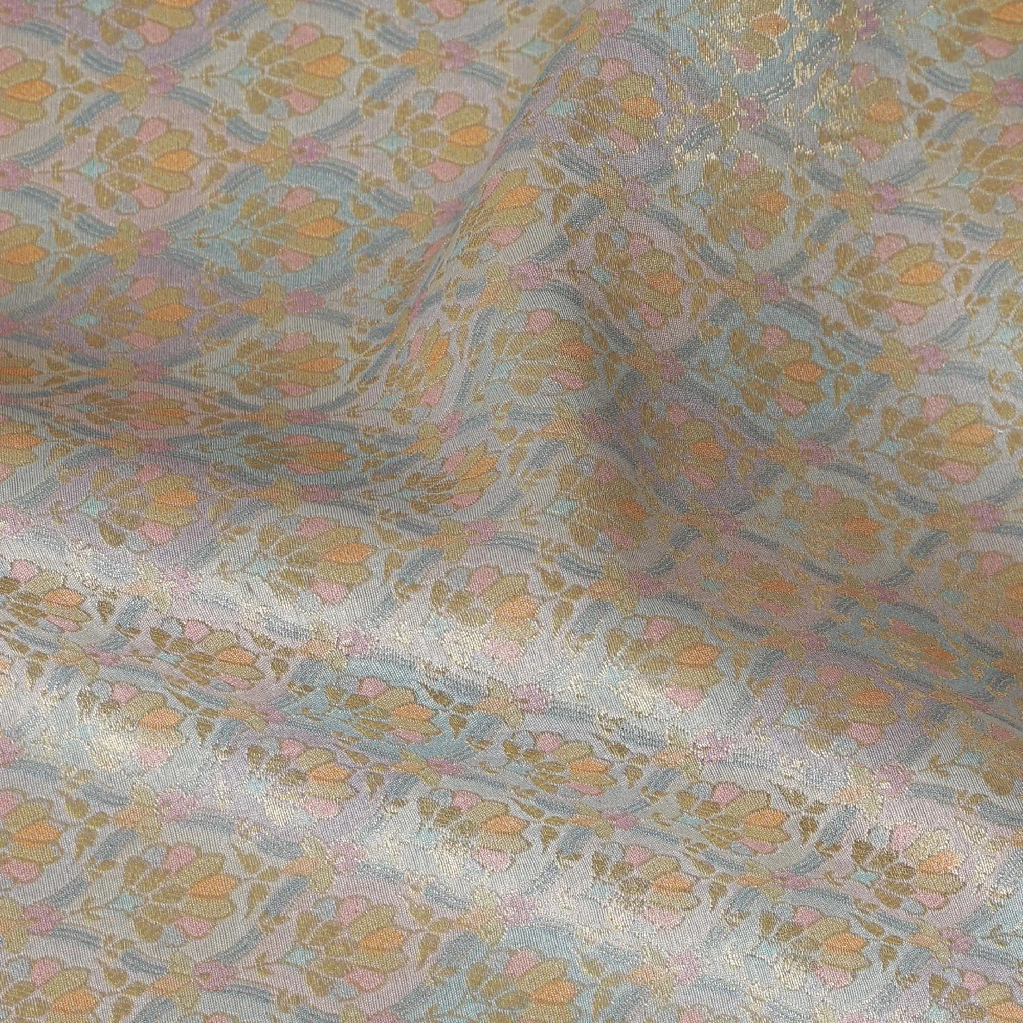 Silk Brocade Fabric with Sky Blue and Gold Floral Design, 110 cm Width, Indian Origin-D19754