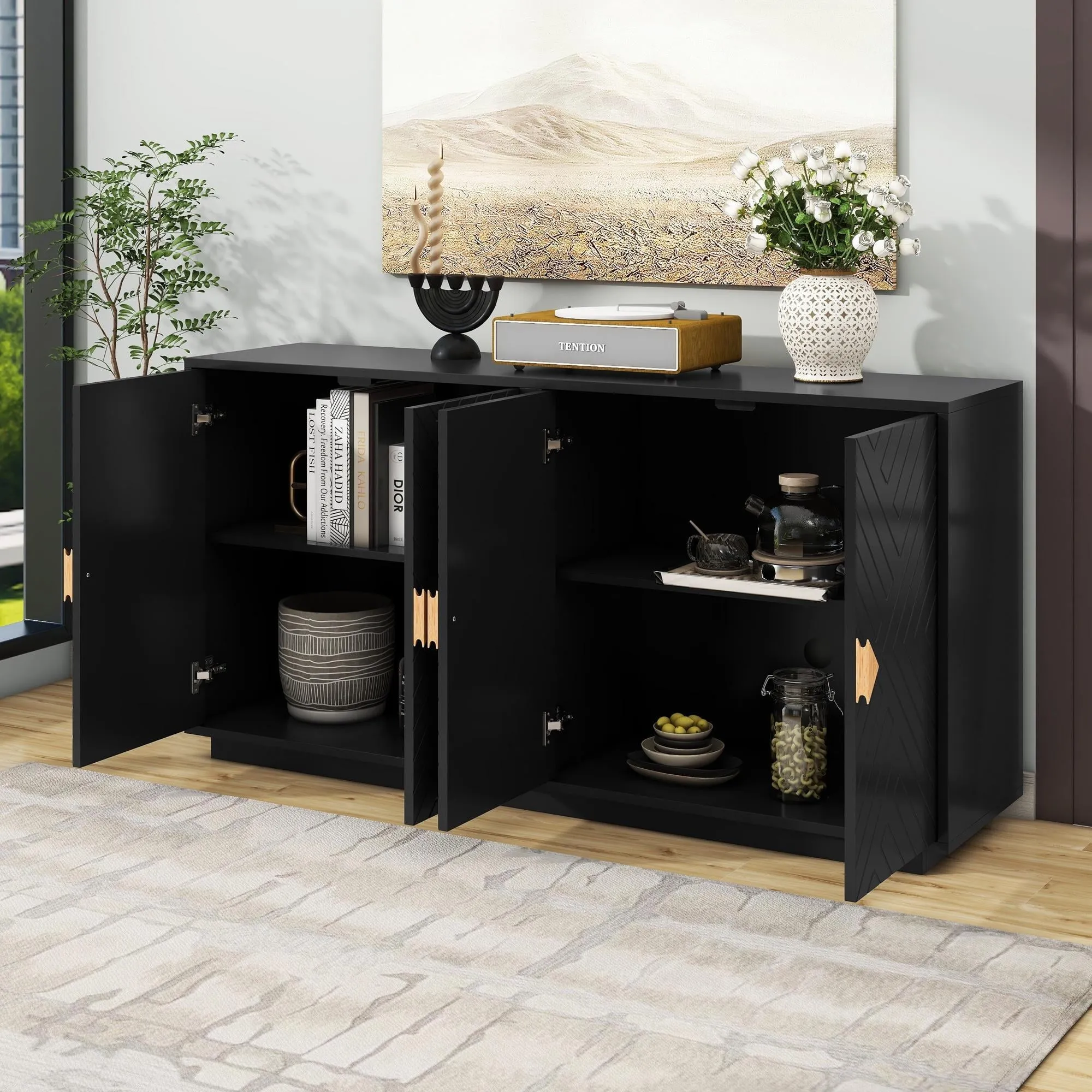timeless Buffet Sideboard,  Accent Cabinet with 4 Doors, Farmhouse Buffet Cabinet with Adjustable Shelves, Wood Storage Cabinet Furniture for Kitchen Dining Room Living Room, 60"L x 15"W x 30"H, Blue