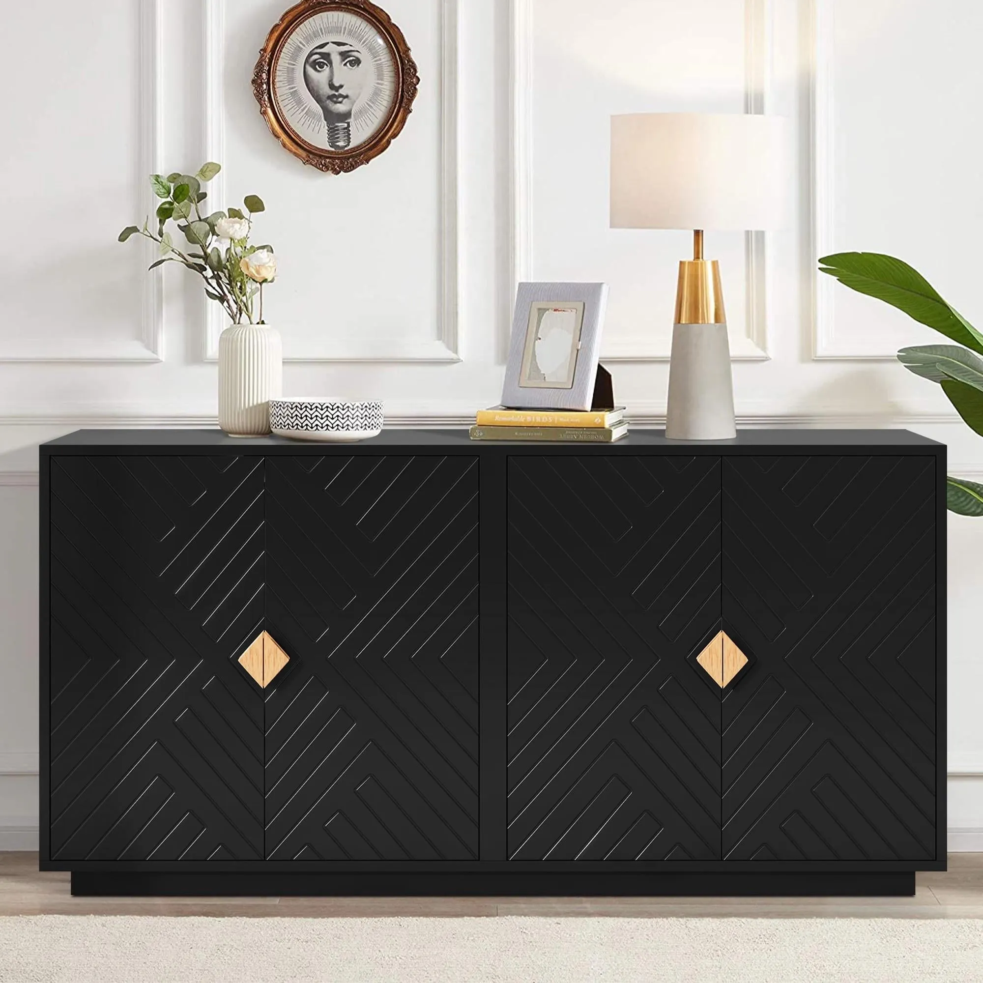 timeless Buffet Sideboard,  Accent Cabinet with 4 Doors, Farmhouse Buffet Cabinet with Adjustable Shelves, Wood Storage Cabinet Furniture for Kitchen Dining Room Living Room, 60"L x 15"W x 30"H, Blue