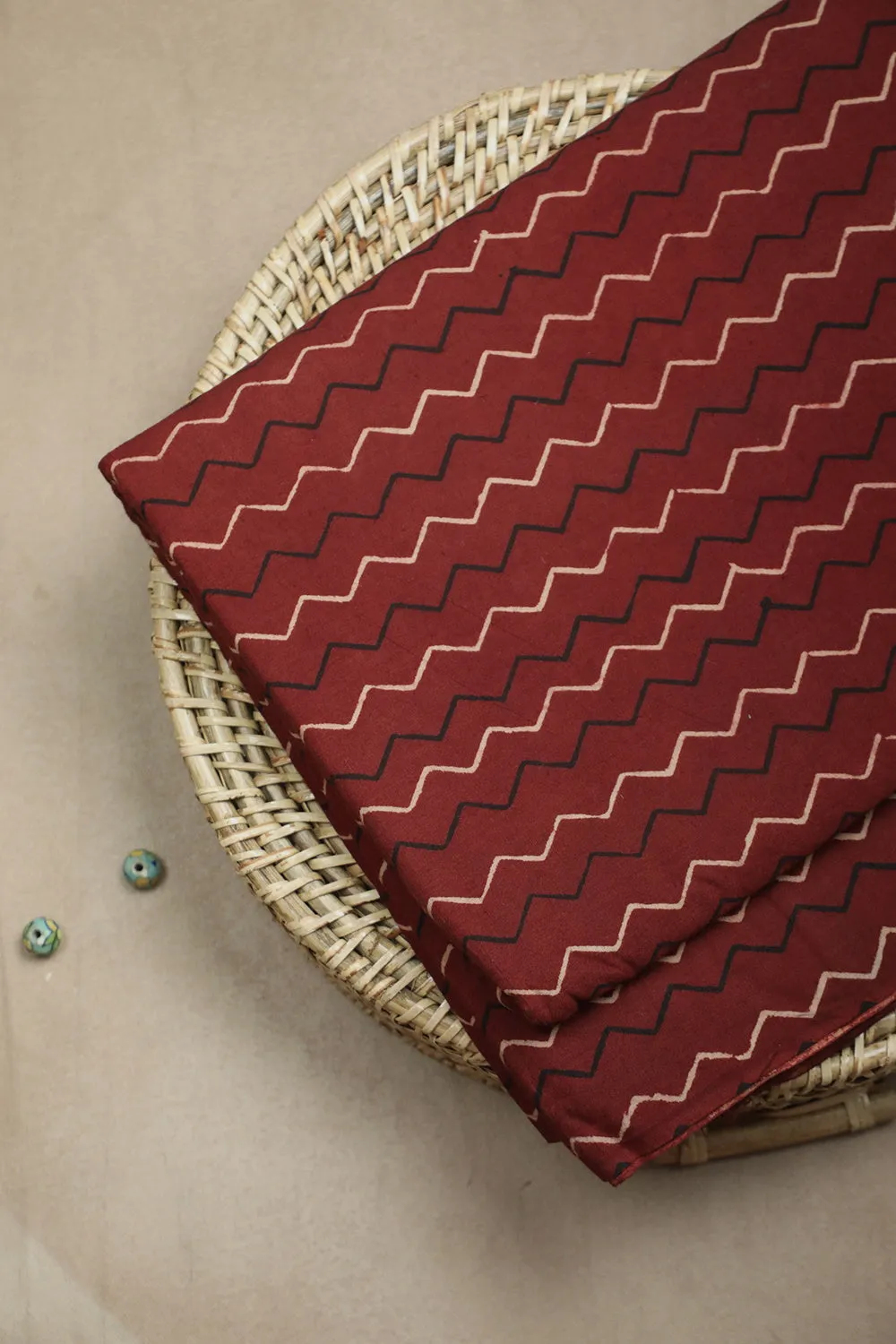 Zigzags on Maroon Block Printed Ajrak Cotton Fabric - 2.1m